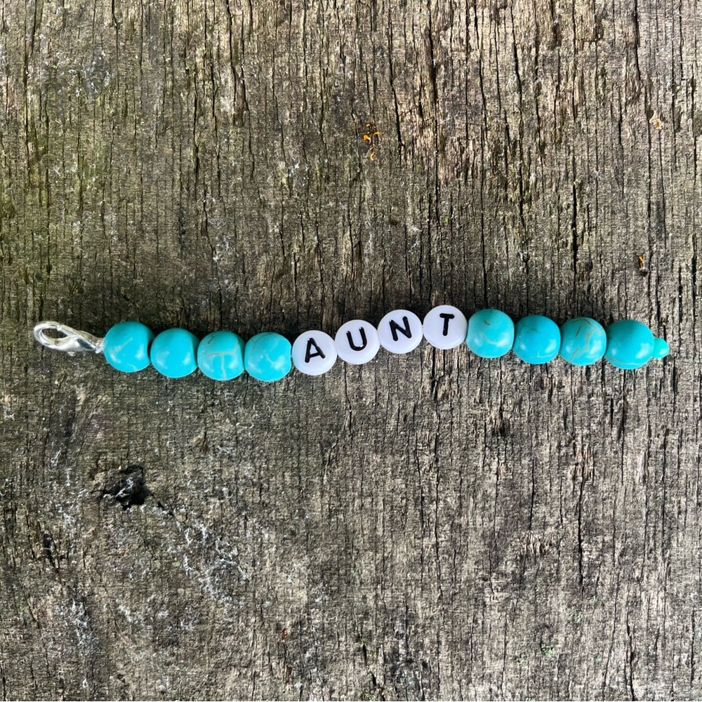 Handmade Turquoise Beaded Mini Key Chain With 'AUNT' Letters
